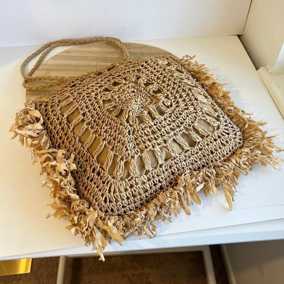 MW Tan Natural Fiber Straw Fringe Raffa Crochet Square Tote Shoulder Bag - Picture 7 of 13